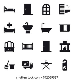 16 vector icon set : door, arch window, hotel, hospital, bath, wardrobe, dresser, crib, fireplace, bucket and broom, home call cleaning, iron board, do not distrub
