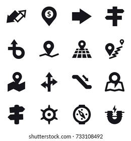 16 vector icon set : up down arrow, dollar pin, right arrow, singlepost, escalator, map, signpost, hand wheel, compass