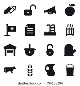16 vector icon set : up down arrow, unlock, loudspeaker, pool, radiator, garage, cook glove, cow, spikelets, jug, bucket