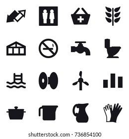 16 vector icon set : up down arrow, wc, add to basket, greenhouse, no smoking, water tap, toilet, pool, pan, measuring cup, jug, gloves