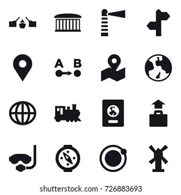 16 vector icon set : drawbridge, airport building, lighthouse, earth, globe, train, passport, baggage, diving mask, compass, windmill