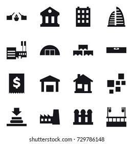 16 vector icon set : drawbridge, library, building, skyscraper, mall, hangare, block wall, level, home, factory, grain elevator, skyscapers cleaning
