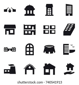 16 vector icon set : drawbridge, goverment house, building, skyscraper, shop, modular house, panel house, brick, school, arch window, stadium, hotel, barn, house, housing