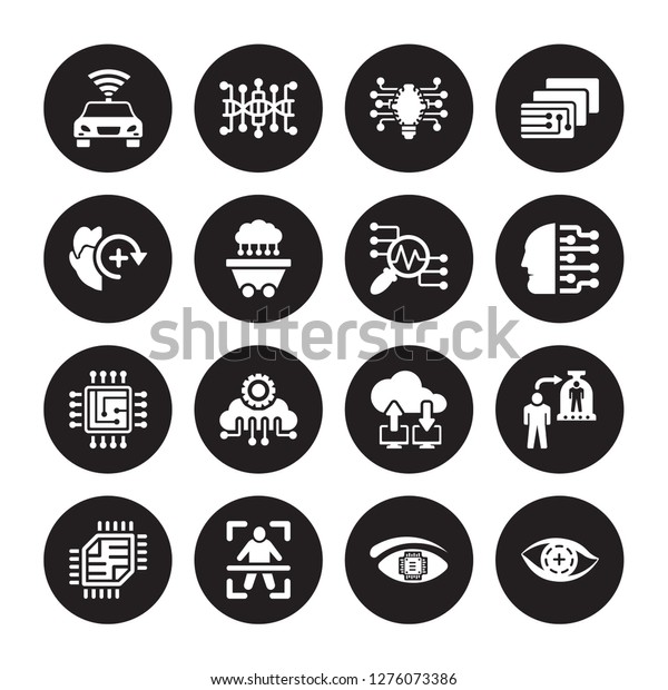 16 vector icon set : Driverless\
autonomous car, Bionic eye, Body scan, Chip, Cloning, contact lens,\
Deformity, Cpu, Data analysis isolated on black\
background