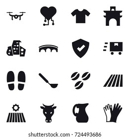 16 vector icon set : drone, cardio chip, t-shirt, arch, modern architecture, bridge, slippers, ladle, coffee seeds, field, cow, jug, gloves