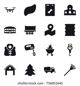 16 vector icon set : drone, mansion, airport building, life vest, mixer, bbq, handle scales, barn, spruce, sweeper, rake
