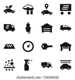 16 vector icon set : eco car, factory filter, car pointer, delivery, spark plug, garage, taxi, barometer, key, sprayer, sweeper, car wash