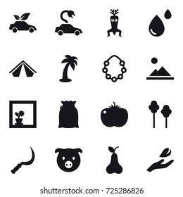 16 vector icon set : eco car, electric car, dna modify, tent, palm, hawaiian wreath, landscape, flower in window, trees, sickle, pig, pear, hand leaf