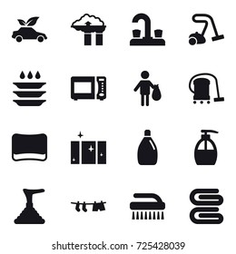16 vector icon set : eco car, factory filter, water tap, vacuum cleaner, plate washing, trash, sponge, clean  window, cleanser, liquid soap, plunger, drying clothe, brush, stack of towels