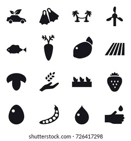 16 vector icon set : eco car, flippers, palm hammock, field, mushroom, harvest, seedling, strawberry, egg, peas, drop, hand drop