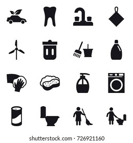 16 vector icon set : eco car, water tap, rag, windmill, trash bin, bucket and broom, cleanser, wiping, sponge with foam, liquid soap, washing machine, cleanser powder, toilet, brooming