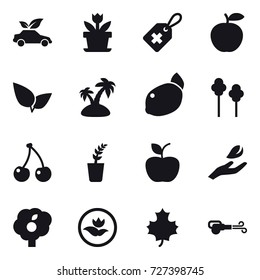 16 vector icon set : eco car, flower, island, trees, cherry, seedling, apple, hand leaf, garden, ecology, maple leaf, blower
