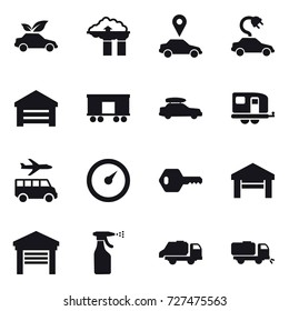 16 vector icon set : eco car, factory filter, car pointer, electric car, garage, car baggage, trailer, transfer, barometer, key, sprayer, trash truck, sweeper