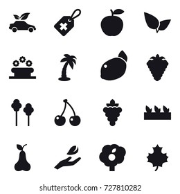 16 vector icon set : eco car, flower bed, palm, berry, trees, cherry, grape, seedling, pear, hand leaf, garden, maple leaf