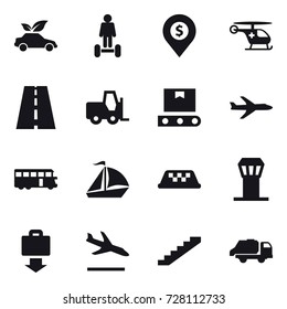 16 vector icon set : eco car, hoverboard, dollar pin, plane, bus, sail boat, taxi, airport tower, baggage get, arrival, stairs, trash truck