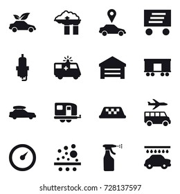 16 vector icon set : eco car, factory filter, car pointer, delivery, spark plug, garage, car baggage, trailer, taxi, transfer, barometer, sprayer, car wash