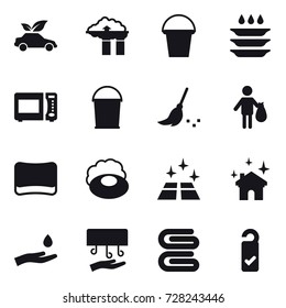 16 vector icon set : eco car, factory filter, bucket, plate washing, broom, trash, sponge, soap, clean floor, house cleaning, hand and drop, hand dryer, stack of towels, please clean