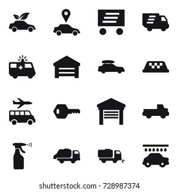 16 vector icon set : eco car, car pointer, delivery, garage, car baggage, taxi, transfer, key, pickup, sprayer, trash truck, sweeper, car wash