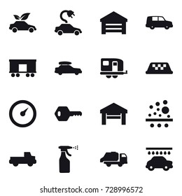 16 vector icon set : eco car, electric car, garage, car baggage, trailer, taxi, barometer, key, pickup, sprayer, trash truck, car wash