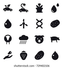 16 vector icon set : eco car, electric car, flower, drop, sheep, rain cloud, pig, hand leaf, strawberry, potato