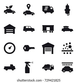 16 vector icon set : eco car, car pointer, delivery, spark plug, garage, car baggage, barometer, key, pickup, sprayer, trash truck, car wash