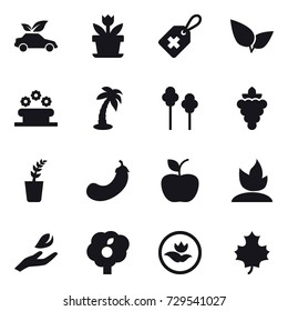 16 vector icon set : eco car, flower, flower bed, palm, trees, grape, seedling, eggplant, apple, sprouting, hand leaf, garden, ecology, maple leaf