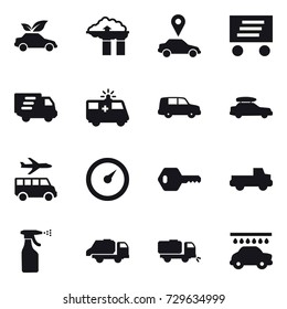 16 vector icon set : eco car, factory filter, car pointer, delivery, car baggage, transfer, barometer, key, pickup, sprayer, trash truck, sweeper, car wash