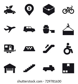 16 vector icon set : eco car, dollar pin, box, bike, trailer, taxi, escalator, invalid, garage, stairs, pickup, package