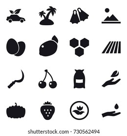 16 vector icon set : eco car, island, flippers, landscape, honeycombs, field, sickle, cherry, flour, hand leaf, pumpkin, strawberry, ecology, hand and drop