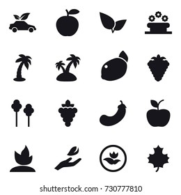 16 vector icon set : eco car, flower bed, palm, island, berry, trees, grape, eggplant, apple, sprouting, hand leaf, ecology, maple leaf