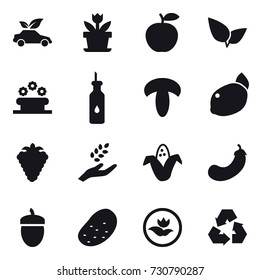 16 vector icon set : eco car, flower, flower bed, berry, harvest, corn, eggplant, acorn, potato, ecology, recycling