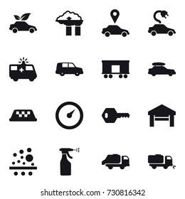 16 vector icon set : eco car, factory filter, car pointer, electric car, car baggage, taxi, barometer, key, garage, sprayer, trash truck, sweeper