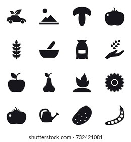 16 vector icon set : eco car, landscape, mortar, flour, harvest, apple, pear, sprouting, flower, tomato, watering can, potato, peas