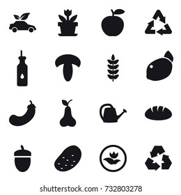 16 vector icon set : eco car, flower, eggplant, pear, watering can, bread, acorn, potato, ecology, recycling