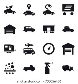16 vector icon set : eco car, car pointer, electric car, delivery, garage, car baggage, trailer, transfer, barometer, pickup, sprayer, sweeper
