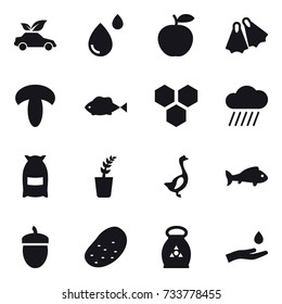 16 vector icon set : eco car, flippers, honeycombs, rain cloud, flour, seedling, goose, fish, acorn, potato, fertilizer, hand and drop