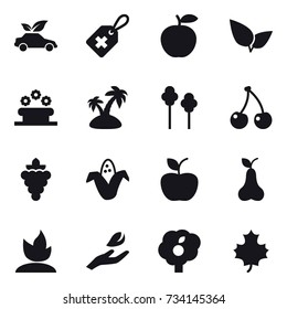 16 vector icon set : eco car, flower bed, island, trees, cherry, grape, corn, apple, pear, sprouting, hand leaf, garden, maple leaf