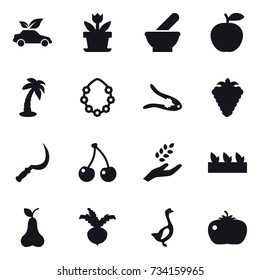 16 vector icon set : eco car, flower, palm, hawaiian wreath, walnut crack, berry, sickle, cherry, harvest, seedling, pear, beet, goose, tomato