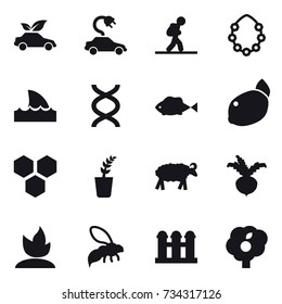 16 vector icon set : eco car, electric car, tourist, hawaiian wreath, shark flipper, honeycombs, seedling, sheep, beet, sprouting, wasp, grain elevator, garden