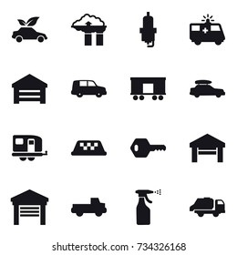 16 vector icon set : eco car, factory filter, spark plug, garage, car baggage, trailer, taxi, key, pickup, sprayer, trash truck