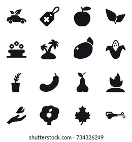 16 vector icon set : eco car, flower bed, island, corn, seedling, eggplant, pear, sprouting, hand leaf, garden, maple leaf, blower