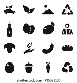 16 vector icon set : eco car, landscape, field, mushroom, harvest, eggplant, bread, egg, acorn, carrot, recycling