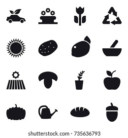 16 vector icon set : eco car, flower bed, mortar, field, mushroom, seedling, apple, pumpkin, watering can, bread, acorn