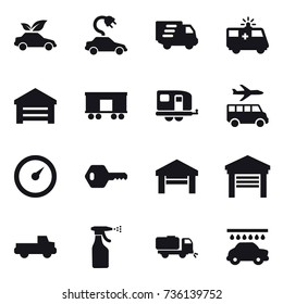 16 vector icon set : eco car, electric car, delivery, garage, trailer, transfer, barometer, key, pickup, sprayer, sweeper, car wash