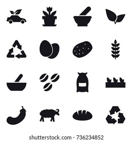 16 vector icon set : eco car, flower, mortar, coffee seeds, flour, seedling, eggplant, sheep, bread, recycling