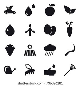 16 vector icon set : eco car, drop, berry, field, rain cloud, sickle, watering can, wasp, hand drop, rake
