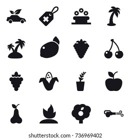 16 vector icon set : eco car, flower bed, palm, island, berry, cherry, grape, corn, seedling, apple, pear, sprouting, garden, blower