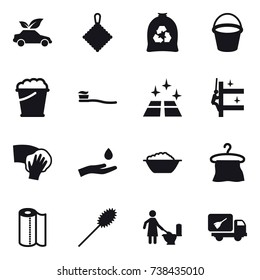 16 vector icon set : eco car, rag, garbage bag, bucket, foam bucket, tooth brush, clean floor, skyscrapers cleaning, wiping, hand and drop, foam basin, hanger, paper towel, duster, toilet cleaning
