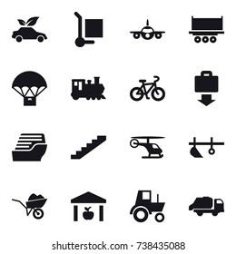 16 vector icon set : eco car, cargo stoller, train, bike, baggage get, cruise ship, stairs, plow, wheelbarrow, warehouse, tractor, trash truck