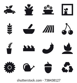 16 vector icon set : eco car, flower, flower bed, flower in window, mortar, field, cherry, seedling, eggplant, sprouting, watering can, acorn, recycling